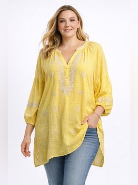 NWT Celessa Women’s Plus Yellow Peasant Boho Tunic Blouse Floral Embroidery 3X